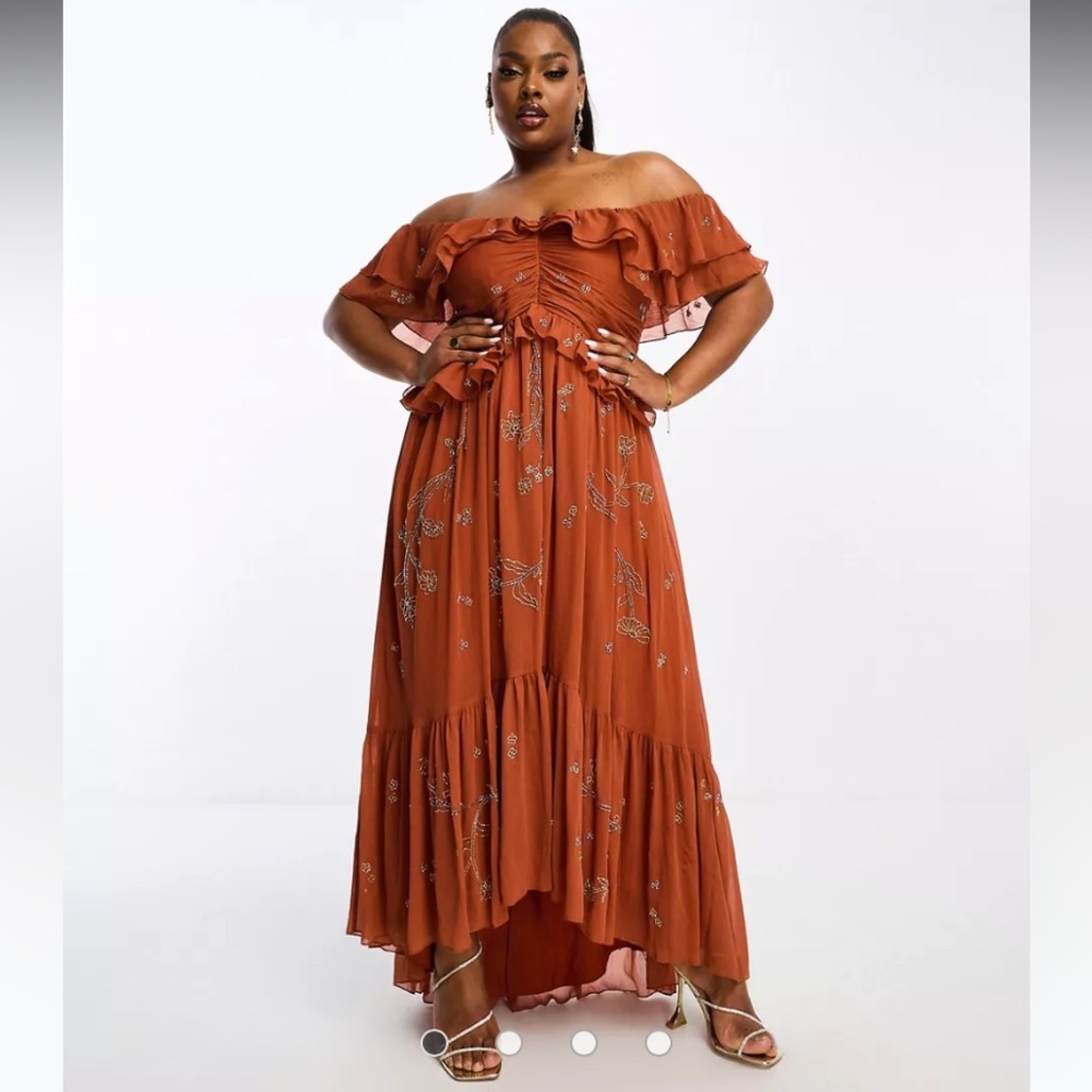 ASOS Curve scatter embellished ruffle off shoulder cut out midi dress size 24